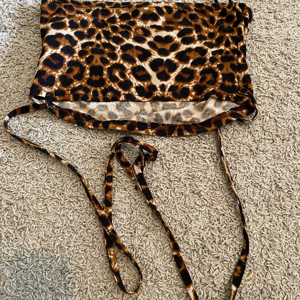 leopard print tube top with criss cross ribbon